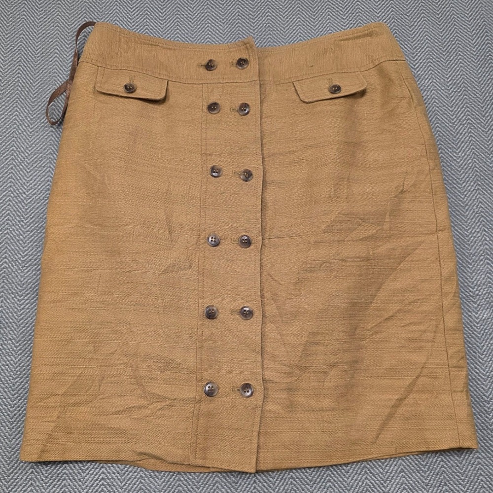 Anne Klein 4P Tan Cotton Linen Button Front Pencil Skirt Petite Ochre Workwear